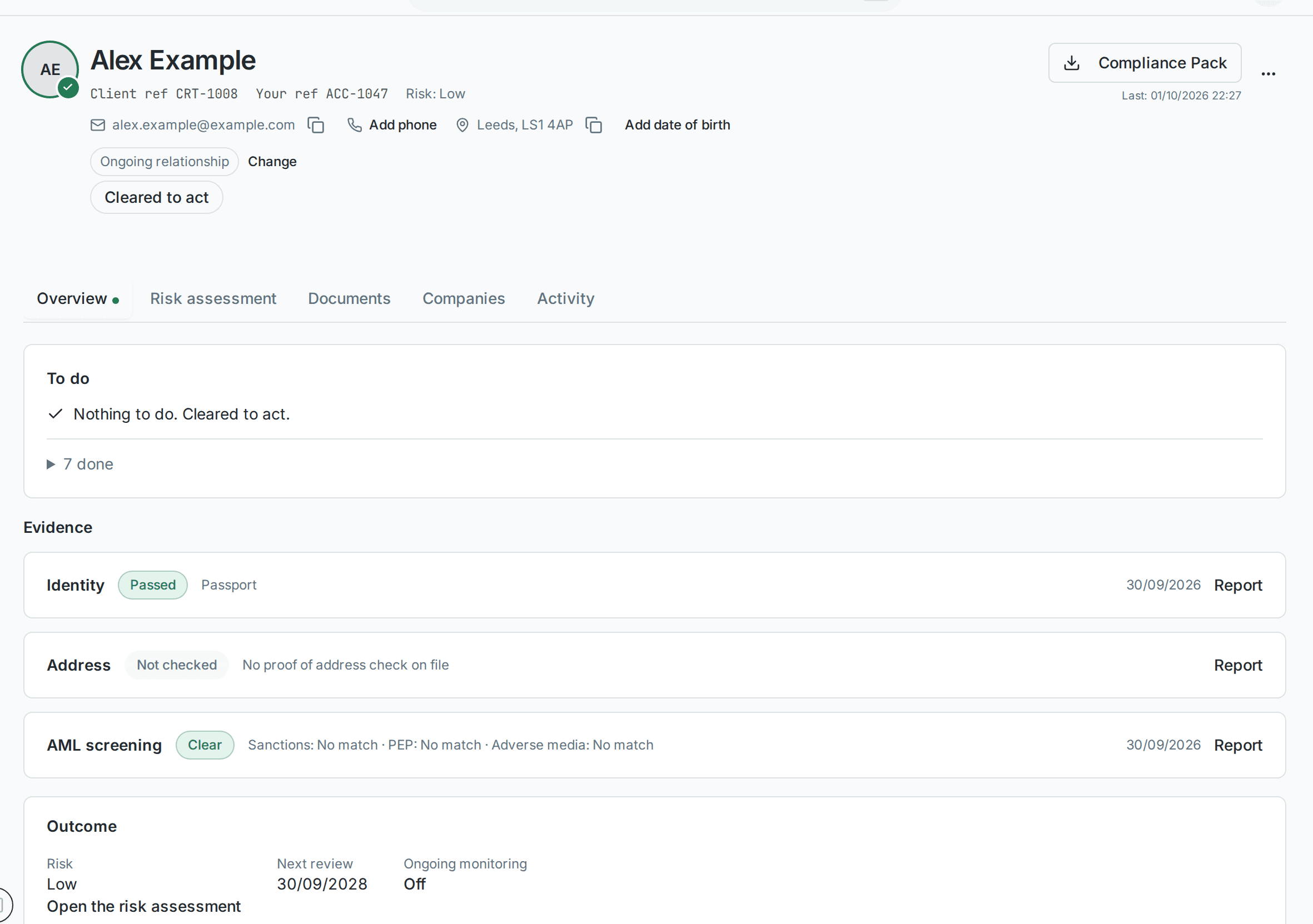A client file in Certivus showing identity, screening and risk results