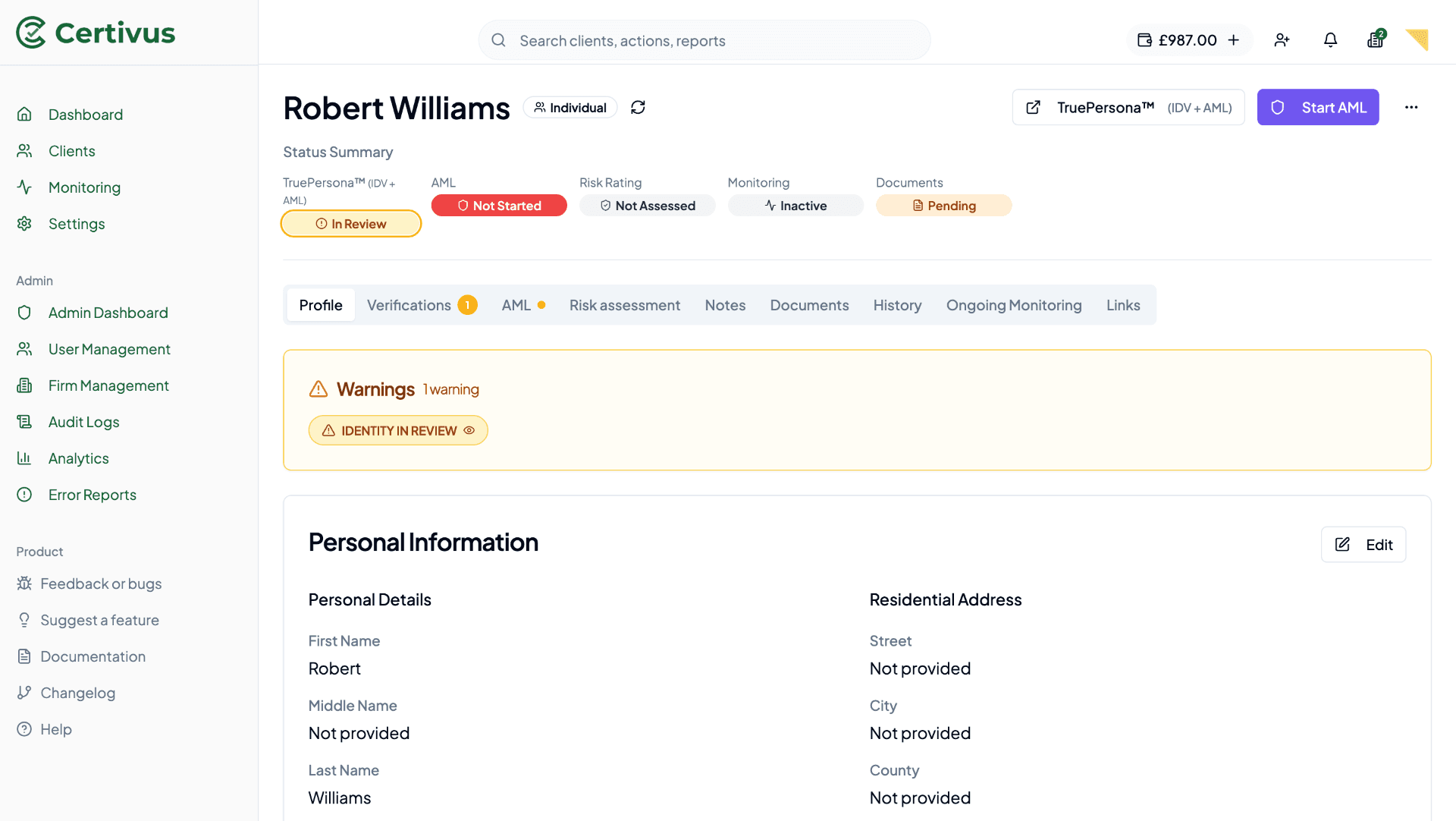 Client verification profile