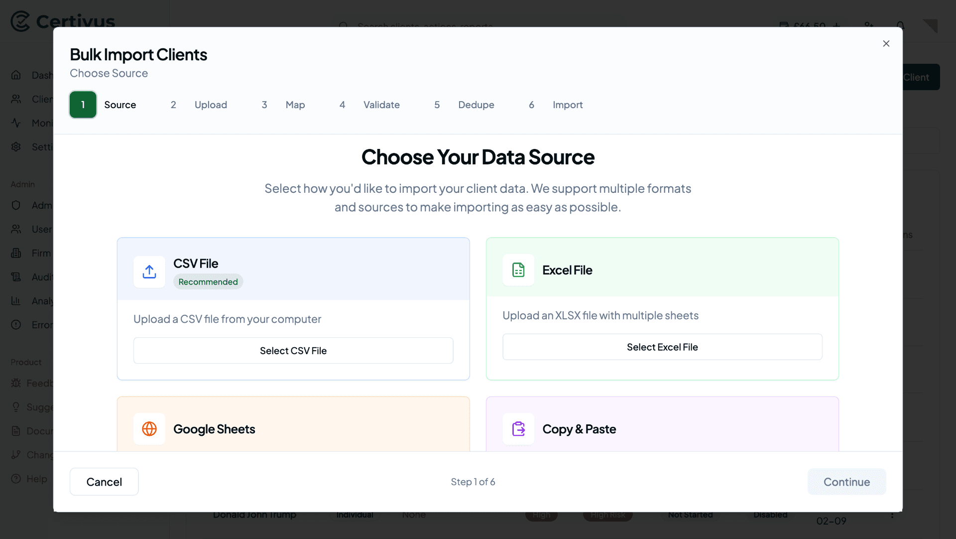 Bulk import clients dialog