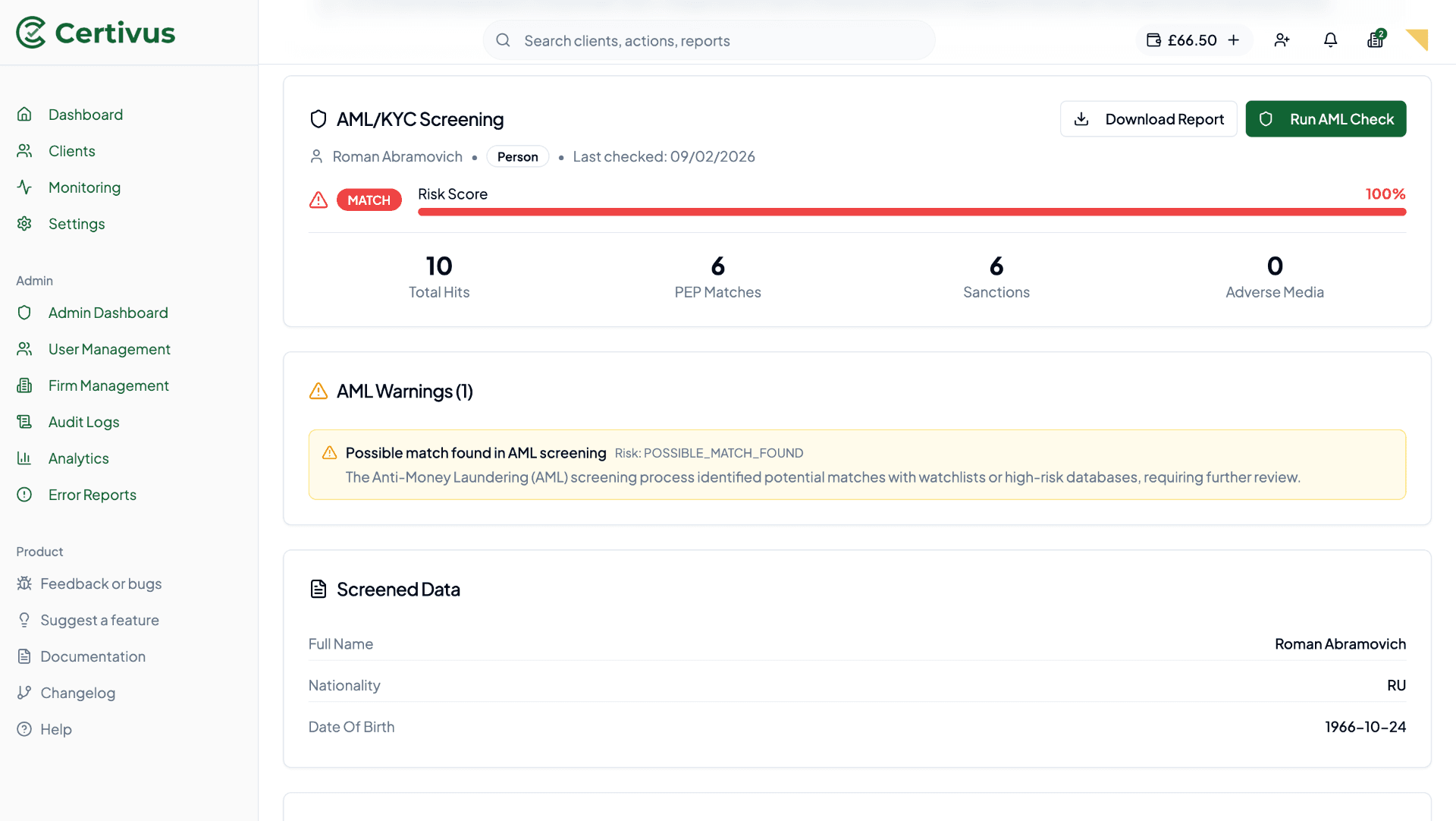 AML screening results with PEP and sanctions matches