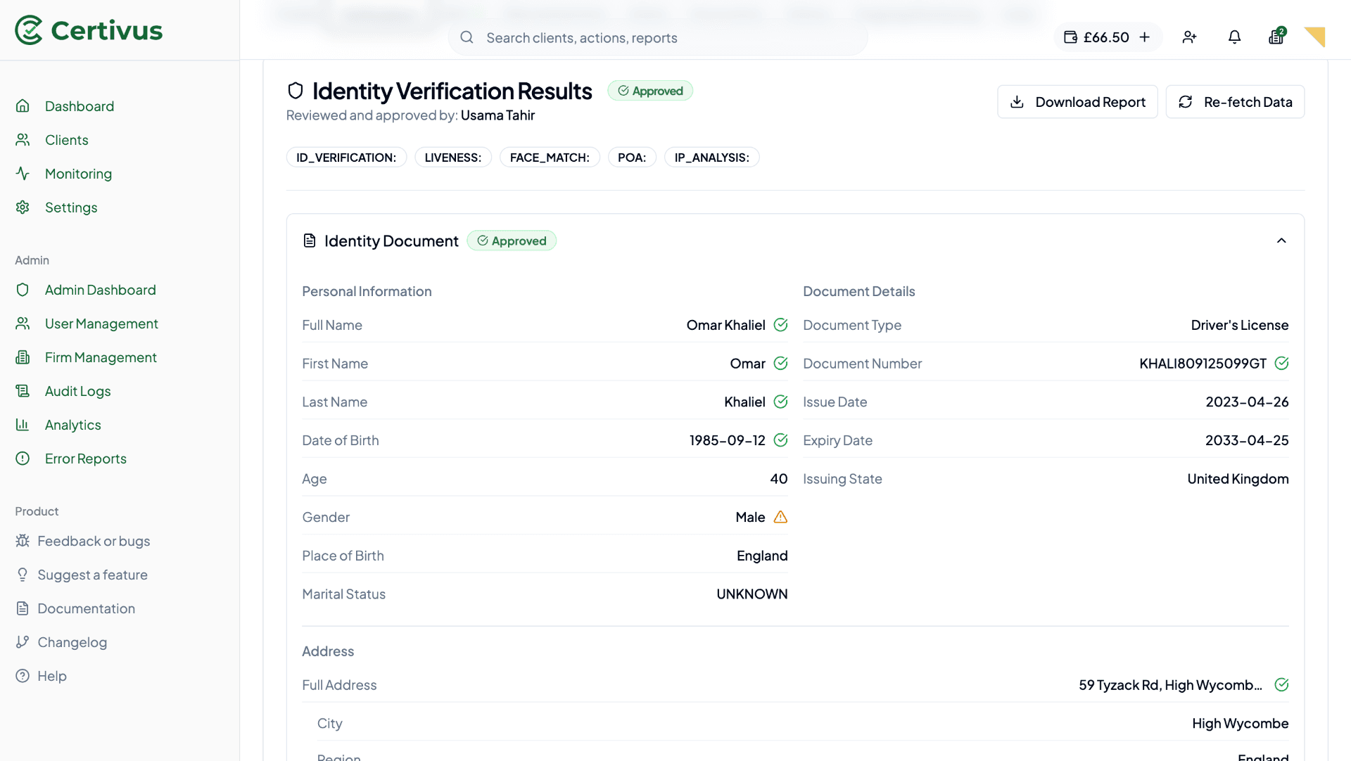 Identity verification results