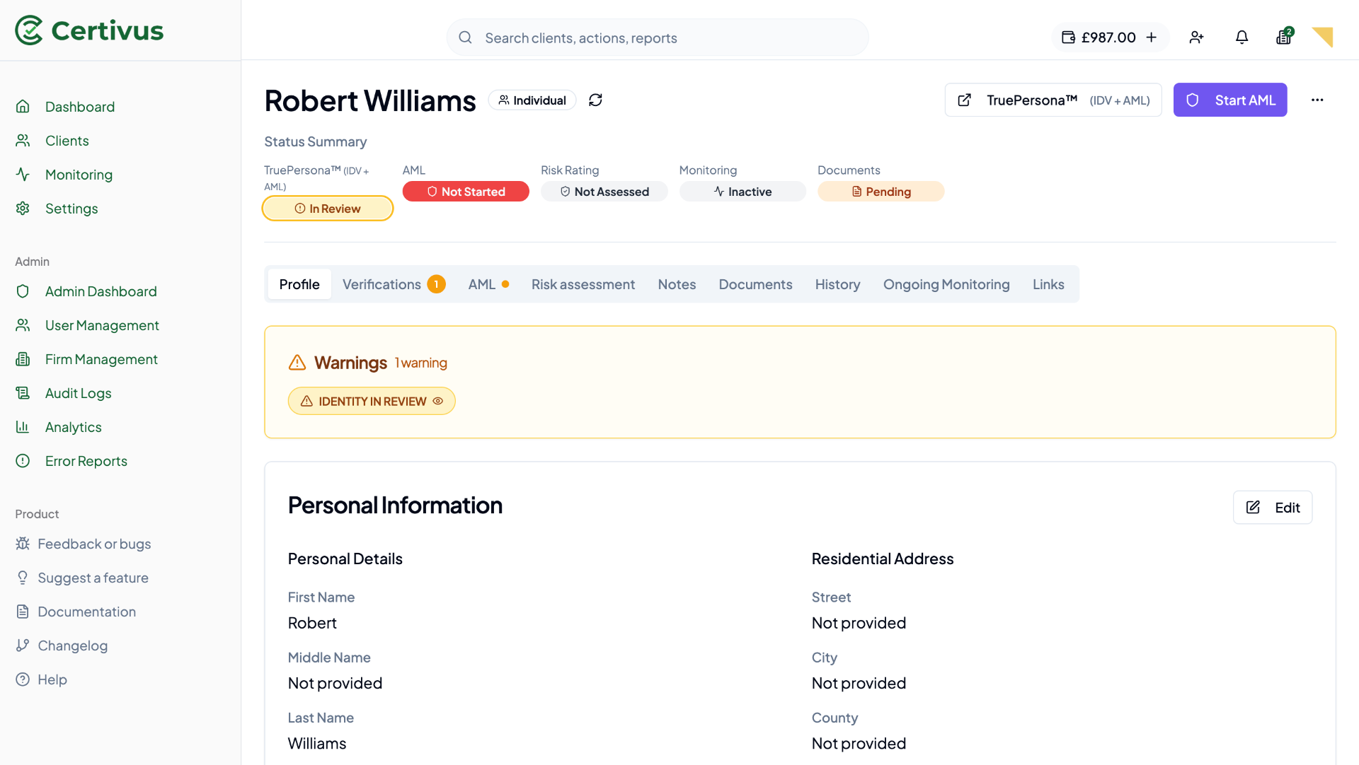 Client verification profile