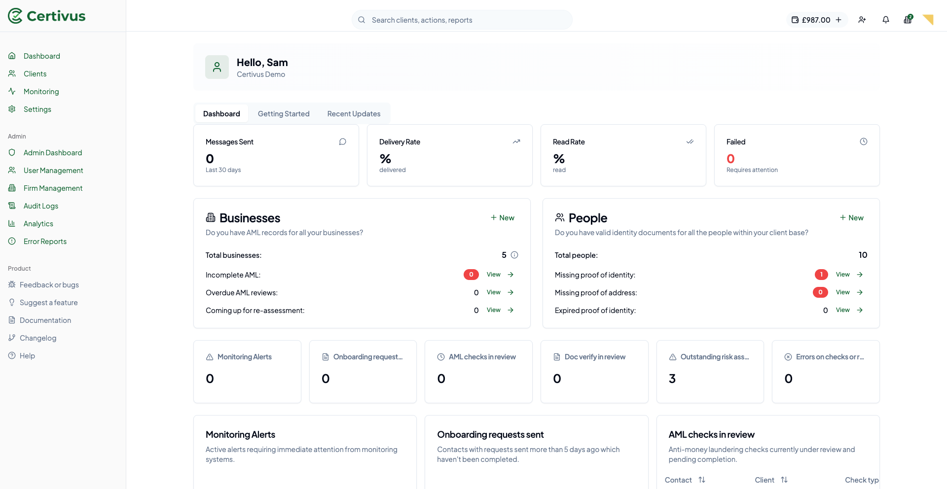 Certivus AML compliance dashboard showing client onboarding workflows