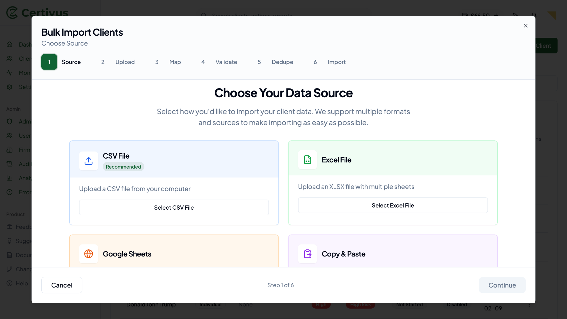 Bulk import clients dialog