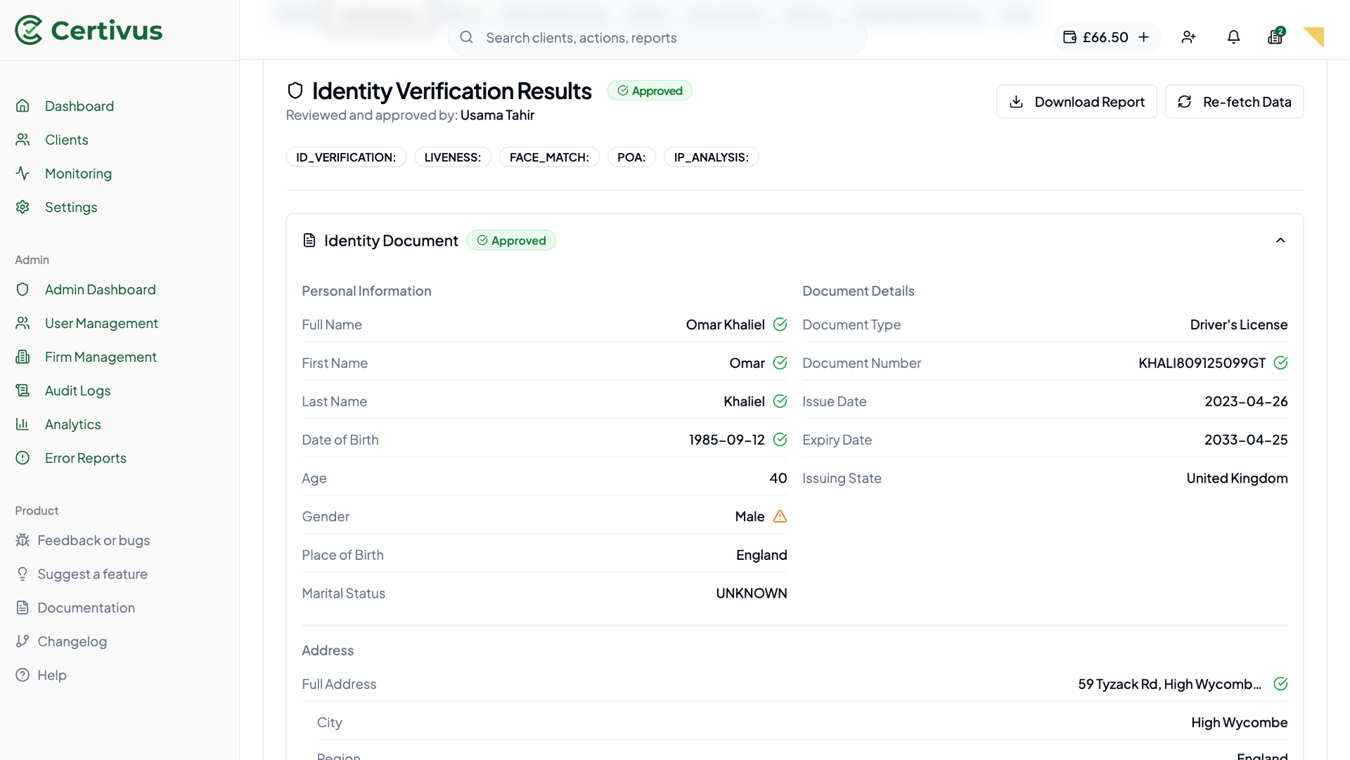 Identity verification results