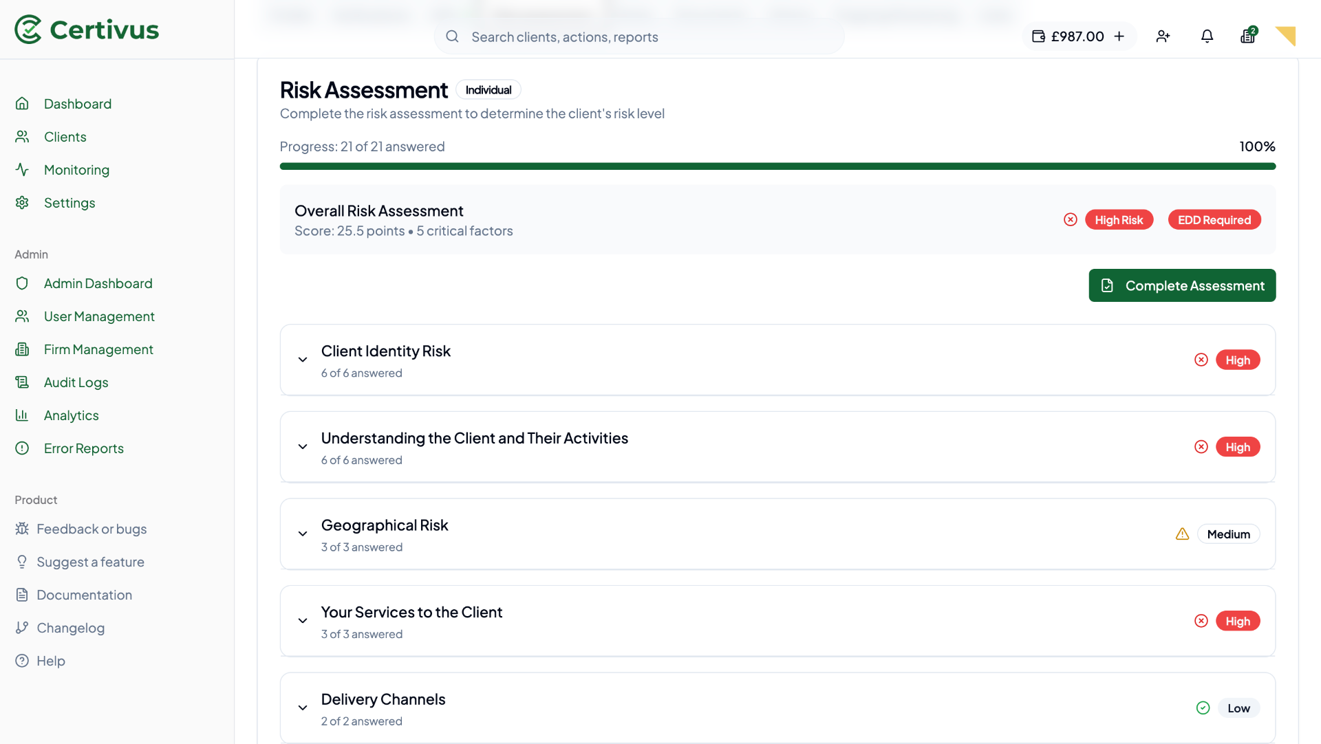 Risk Assessment scoring dashboard